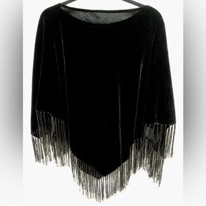 Black Velvet Poncho with Silver & Black Sateen Fringe